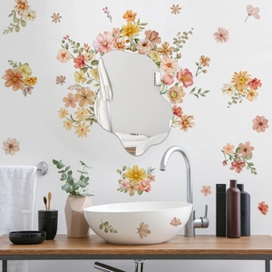 Stickers muraux fleurs aquarelle colorées avec miroir ondulé pour déco maison