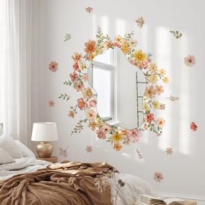 Miroir nuage irrégulier avec des stickers muraux floraux colorés pour décoration de maison