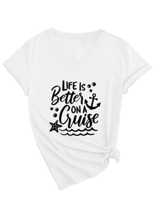 Detail of white V-neck T-shirt showing maritime print and stylish side knot design