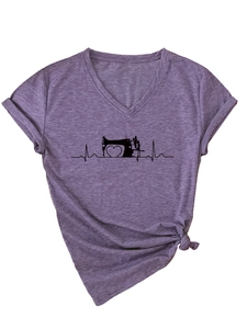 Detail of V-neck heather purple T-shirt with sewing machine heartbeat print and side knot