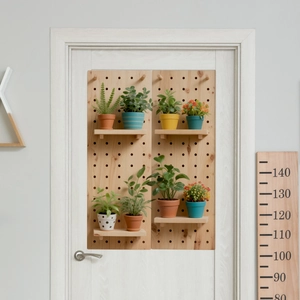 Wooden pegboard wall organizer with shelves and hooks for indoor plants and home decor