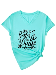 Close-up of light blue V-neck T-shirt with nautical print and stylish side knot design