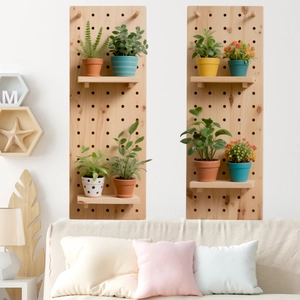 Minimalist wooden pegboard wall organizer set with shelves and hooks in natural wood finish