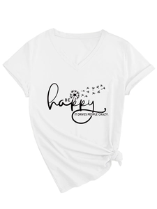 Detail of V-neck white cotton T-shirt featuring dandelion graphic and Be Happy slogan