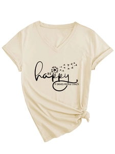 Detail of V-neck off-white tee with Be Happy print and stylish front hem knot