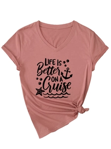 Detail of V-neck T-shirt with 'Life is better on a cruise' print and side-knot design
