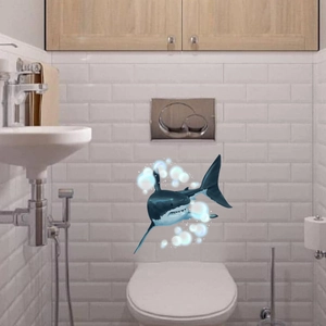 Luminous blue shark wall sticker and glowing bubble decals for bathroom decor