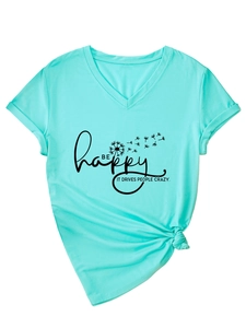 Detail of V-neck mint green T-shirt featuring dandelion print and front hem knot design