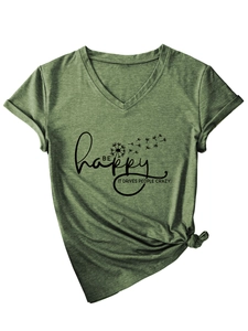 Olive green V-neck T-shirt detail showing the knotted hem and dandelion print graphic