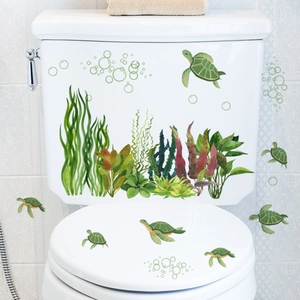 Luminous green sea turtle and seaweed wall decals for bathroom toilet seat decoration
