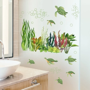 Luminous green sea turtle and seaweed wall decals for bathroom and home decoration