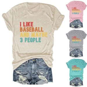 T-Shirt Femme Vintage Mélange De Coton Manches Courtes Col Rond Décontracté Imprimé Lettres Baseball Top Ample