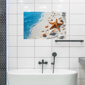 3D beach wall sticker featuring starfish and seashells for modern bathroom decor