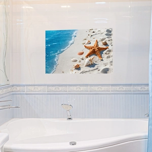Waterproof beach wall sticker with starfish and shells over a white bathtub