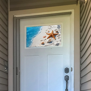 Detailed beach ocean view door sticker with starfish, seashells and deep blue water