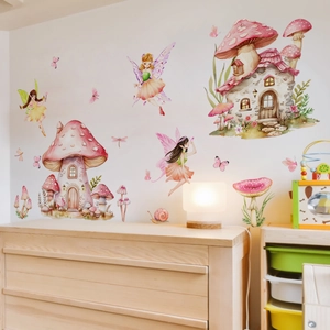 Watercolor fairy mushroom house wall stickers for kids room decor with butterfly and snails