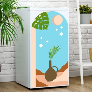 Adesivo murale ad arco moderno con foglie di Monstera e sole per decorazioni domestiche