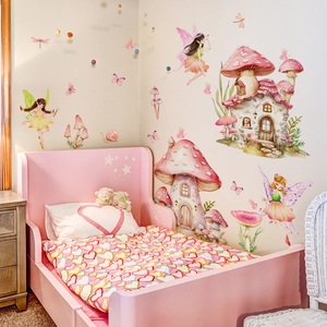 Whimsical mushroom house wall decal with fairies for a magical girls' bedroom decor