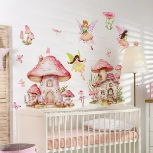 Watercolor Cartoon Mushroom House Fairy Wall Stickers Waterproof Removable PVC Wall Decals For Kids Room Nursery Home Decor