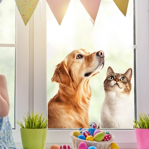 Pegatina de ventana con Golden Retriever y gato, decoraciones de Pascua y huevos