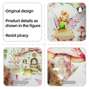 Detailed view of waterproof fairy mushroom house wall stickers with front and back display