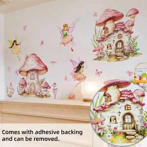 Detail of adhesive mushroom house wall decals with fairies and butterflies in a child's room