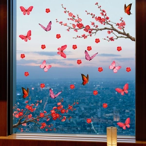 Doppelseitige Fensteraufkleber mit roten Pflaumenblüten und bunten Schmetterlingen für Deko
