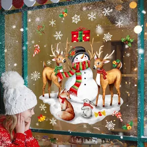 Christmas window stickers set featuring snowman, reindeer, and fox for festive decoration