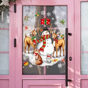 Christmas window stickers featuring snowman, reindeer, and fox on glass doors