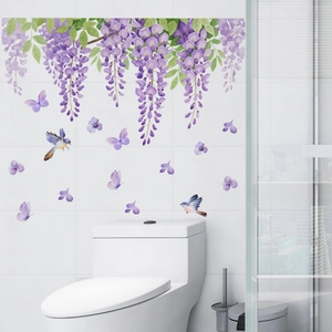 Hanging wisteria wall stickers with birds and butterflies for a clean bathroom interior