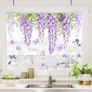 Purple wisteria window stickers with butterflies and birds for home glass decoration