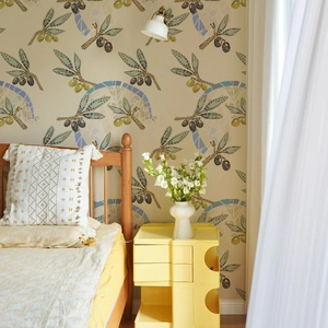 Papier peint mosaïque branche d'olivier méditerranéen en beige pour déco de salon