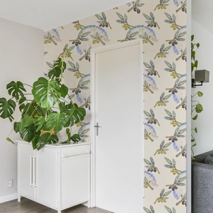 Papier peint artistique branche d'olivier et arcs bleus pour décoration intérieure