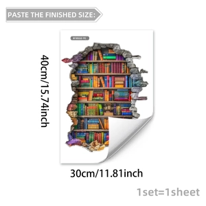 3D muursticker gebroken muur effect met boekenkast voor huisdecoratie 40x30cm