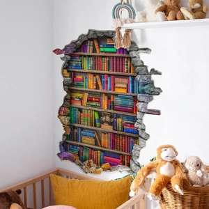 Creatieve 3D muursticker met kleurrijke boekenplank in een gescheurde muur voor decoratie