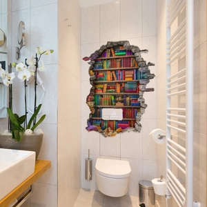 3D muursticker met boekenplank effect en kleurrijke boeken voor wanddecoratie huis