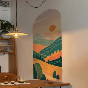 Modern arch wall decal featuring sunset mountain landscape for home decor