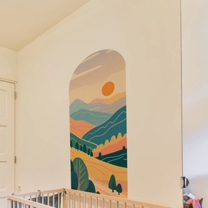 Modern arch wall sticker featuring mountain sunset landscape for nursery room decor