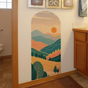 Modern arch wall sticker featuring hand-painted sunrise mountain scenery for room decor