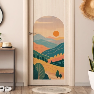 Arch wall decal with retro mountain landscape sunset on a modern wooden door decoration
