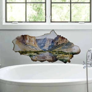 3D-muursticker met muurdoorbraak-effect en ravijn-rivierlandschap voor de badkamer