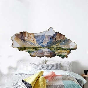 3D muursticker met gebroken muur effect en aquarel canyon rivier voor de slaapkamer