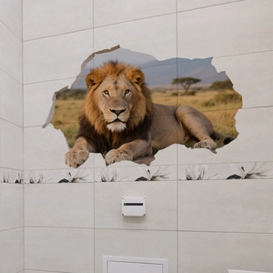 Adesivo murale 3D con leone realistico effetto muro rotto per decorazione del soggiorno