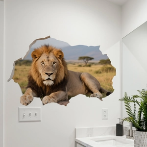 Vista dettagliata dell'adesivo murale leone 3D con effetti di crepe realistiche