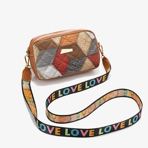 Minimalist color-block square bag with rainbow 'LOVE' canvas strap and crocodile texture