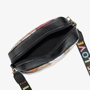 Black cross body bag with rainbow LOVE embroidered wide strap and contrast print panels