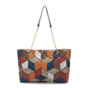 Women's tote bag with 3D geometric color-block patchwork and gold chain strap