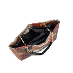 Multicolor quilted leather tote bag with gold chain strap and spacious interior