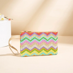 Bolso de mano tejido arcoíris con diseño de zigzag de colores y cremallera elegante