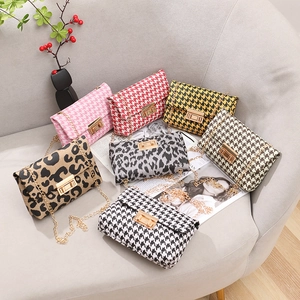 Borsa a Spalla Vintage Pied de Poule Con Catena per Donna Tessuto PU Stampa Leopardata Piccola Borsa a Tracolla Quadrata Con Chiusura in Metallo